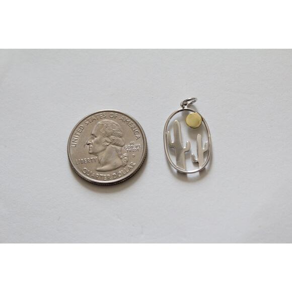 Sterling Silver Oval Cactus Pendant with Bronze Sun, Desert Cactus Charm - Picture 5 of 5